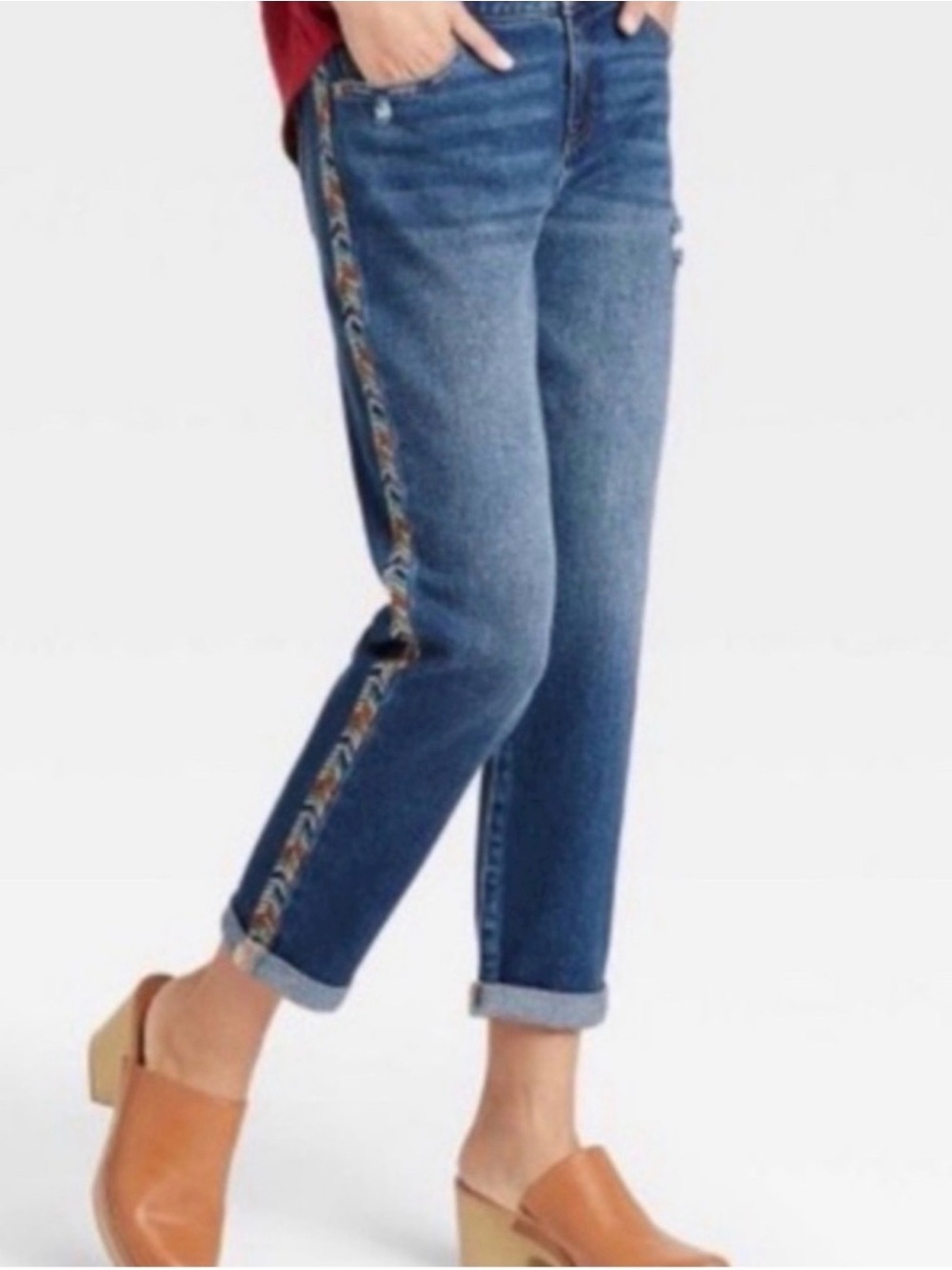 Knox Rose Medium Blue Denim Jeans with Multicolor Chevron Side Trim